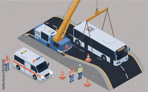 Isometric Public Bus Accident Recovery with Crane and Medical Assistance