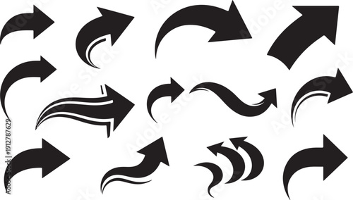 Collection of various black arrow icons on white background