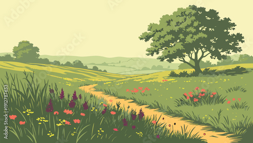 Vintage Style Illustrations: Sunflowers in Tuscany, Cherry Blossom Park, Wildflower Meadows, and Tulip Fields