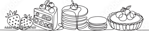 Continuous one line drawing of strawberries, blueberry cake slices pancake macaroon tart.one line victor illustration in white Background