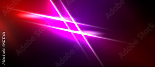 Abstract background features vibrant pink lines crossing dark red, purple gradients. Dynamic energy radiates from bright streaks.