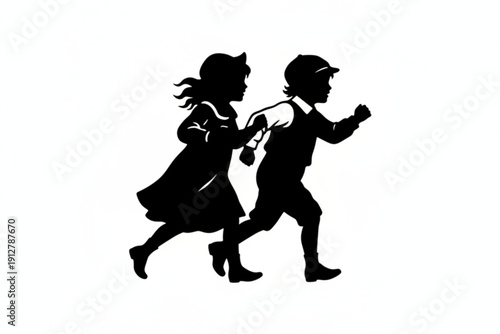Silhouette of Childhood: Two children, a boy and a girl, sprint hand-in-hand, embodying youthful energy and the joy of simple games, against the pristine canvas of a white space.