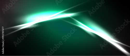 Abstract green background features bright white light streaks. Dynamic composition creates futuristic visual effect. Minimalist design.