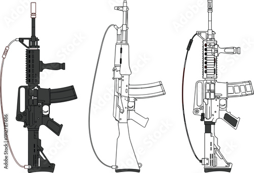 Technical Vector Illustration of Modern Assault Rifles and Tactical Carbines with Scopes and Attachments for Military Simulation Gaming and Law Enforcement Training Graphic Design