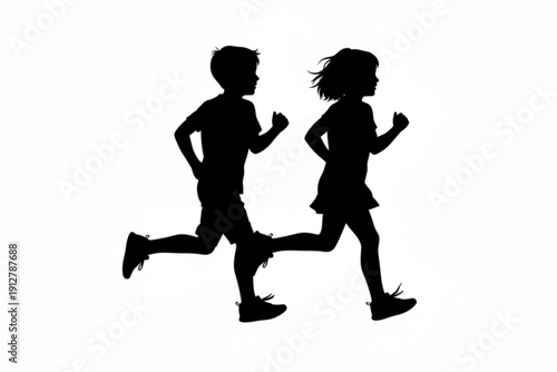 Running Silhouette Duo: Capturing the pure essence of youthful energy and motion, two children are depicted in a dynamic running silhouette, symbolizing freedom and the joy of movement.