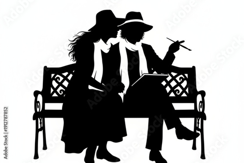 Artistic Silhouette Duo: A pair of figures, elegantly silhouetted, find respite on a decorative bench. One, with brush in hand, studies their canvas, and other, in hat, looks on.
