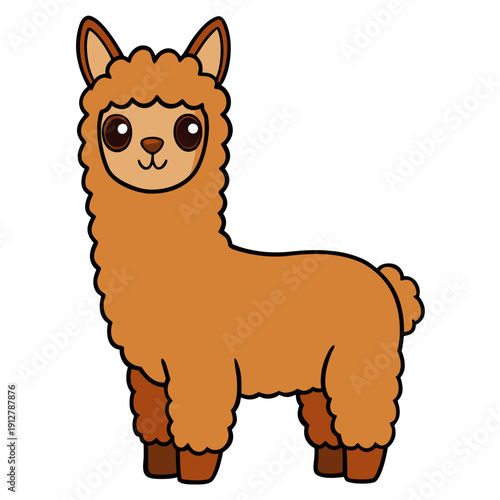 Cute cartoon alpaca with fluffy brown wool and adorable expression on white background