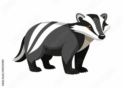 Cartoon badger illustration: cute black and white striped animal with distinctive facial markings standing upright on white background
