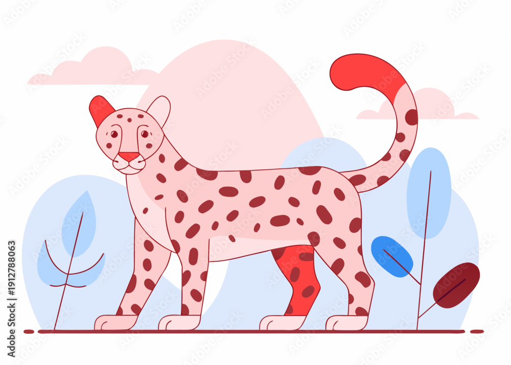 Fototapeta premium Stylized abstract leopard with red spots and curved tail walking in minimalist nature setting