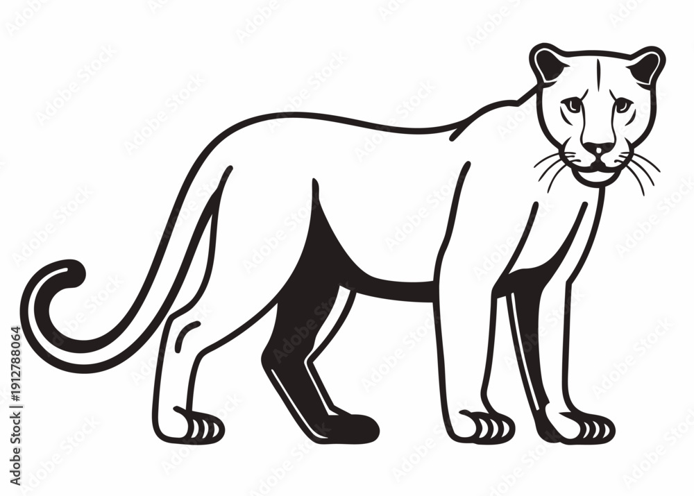Fototapeta premium Stylized black and white illustration of a standing panther with detailed features and expressive eyes