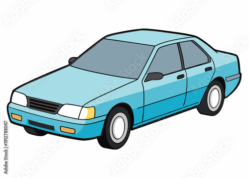 Light blue sedan car illustration with yellow headlights and black grille on white background