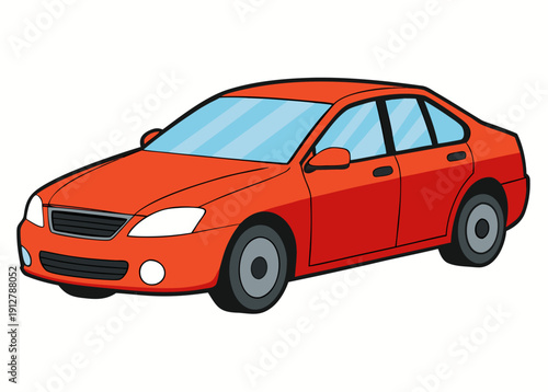 Vibrant red sedan cartoon illustration with blue windows and black details on white background