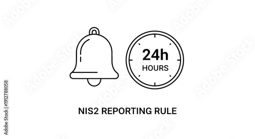 Notification Bell and 24-Hour Clock Representing NIS2 Reporting Rule in a Simple Line Art Illustration