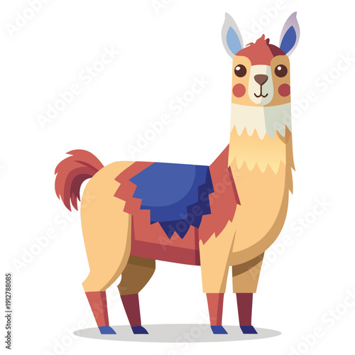 Colorful cartoon llama illustration featuring adorable expression and geometric patterns with vibrant saddle and fluffy ears in a playful art style