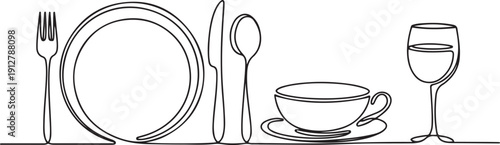 Continuous one line hand drawn of a set of food and drinks featuring Cutlery set, plate, fork, spoon, knife, soup bowl, tea cup, glass of wine isolated.one line victor illustration in white Background