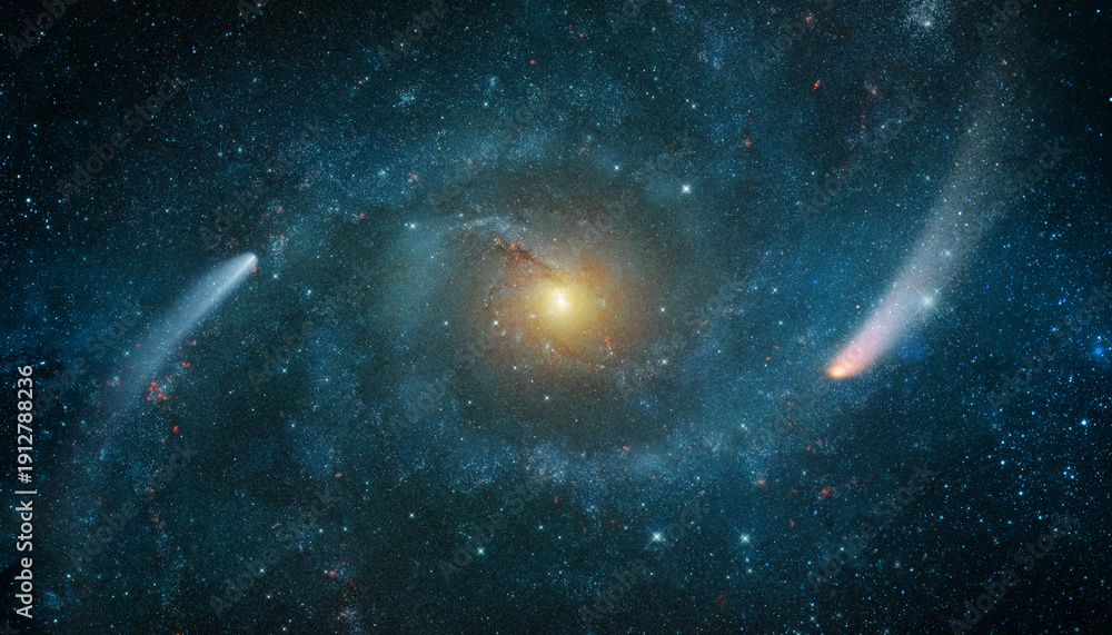 Fototapeta premium Space scene with stars in the galaxy and Comet, asteroid, meteorite . Panorama. Universe red filled with stars, nebula and galaxy,. Elements of this image furnished by NASA