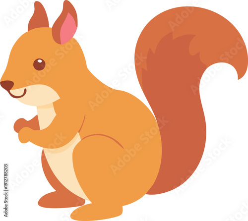 Cute cartoon squirrel with fluffy tail and brown fur sitting on white background in adorable pose