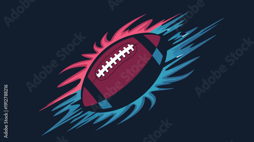 Dynamic American football speeding through flames and motion