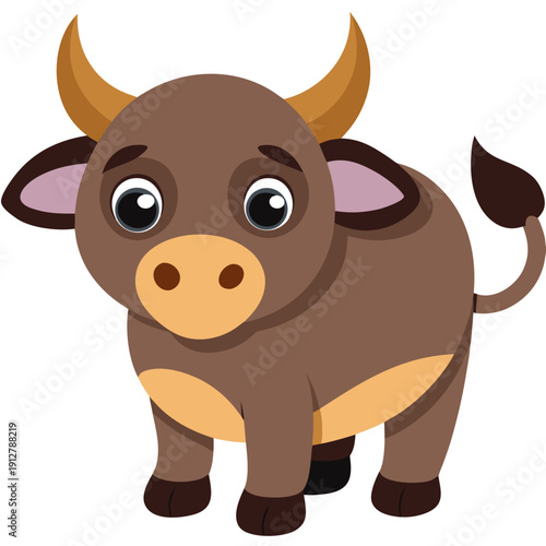 Cute cartoon baby bull with big eyes and brown fur standing on white background depicting adorable animal character design for kids and fun illustrations