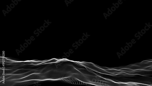 Vector black wave with motion dots. Abstract digital background. Concept connection big data. Futuristic technology backdrop.