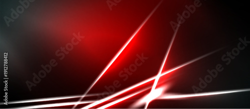 Abstract background features vibrant red, white lines. Dynamic composition creates energy, modern aesthetic. Dark tones dominate overall visual impact.