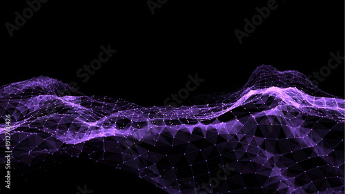 Vector purple wave with motion dots and lines. Abstract digital background. Concept connection big data. Futuristic technology backdrop.