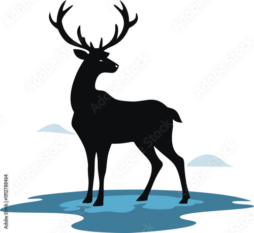 black silhouette deer cartoon illustration with antlers standing on blue icy ground in minimal wildlife design