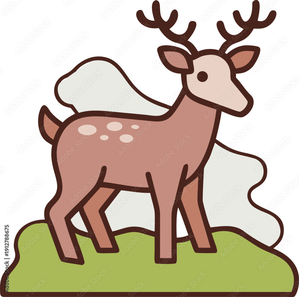 Fototapeta premium brown deer cartoon illustration with antlers standing on green grass in nature wildlife design