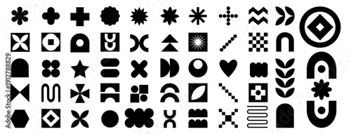 Abstract shape. Geometric icon. Brutalism element. Figure flower, black silhouette circle and squares, star spark. Simple graphic. Basic symbol, stamps shape. Vector tidy minimalism isolated flat set
