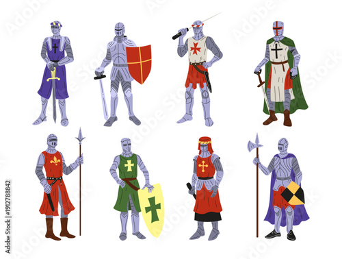 Medieval knight. Steel armor. Ancient warrior. Old weapon. Metal sword and heraldry shield. Hero fighter. Military crusader of helmet. Castle guard. Vector tidy cartoon war history man characters set