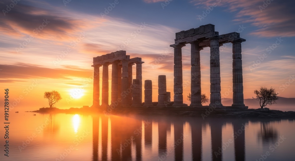 Fototapeta premium Ancient Ruins at Sunrise. Concept featuring ancient ruins, sunrise, columns, reflection, water.