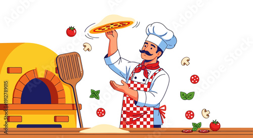 Skilled Pizzaiolo Masterfully Spins Dough for Delicious Pizza, Fresh Ingredients & Wood-Fired Oven Ready to Bake Perfection