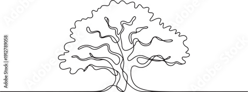 One continuous line drawing of Oak tree vector illustration. Tree plant themes in simple linear style vector design concept.one line victor illustration in white Background