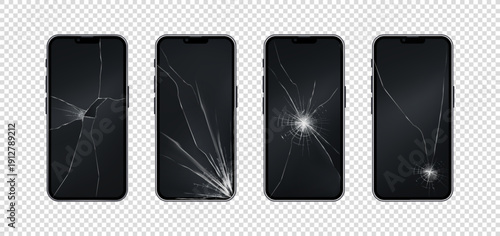 Phone with broken glass. Mobile cellular device. Realistic screen crack. Smartphone repair service. Plexiglass display fix. Electronic gadget. 3D telephone touchscreen. Vector damaged cellphone set