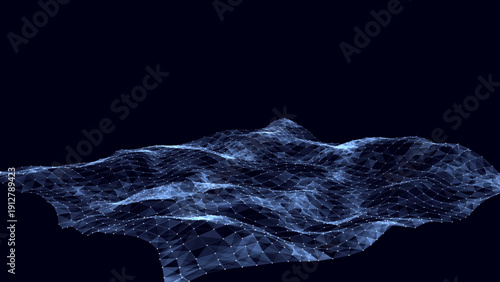 Vector glowing blue wave with motion dots and top view. Abstract digital background. Concept connection big data. Futuristic technology backdrop.