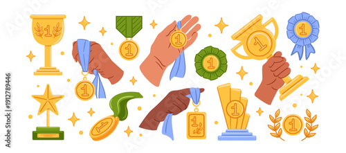 Award winner. Medal hand. Win trophy. Sport cup. Badge champion, rosette gold, achievement goal in business. Competition reward. Triumph tournament. Vector cartoon flat style isolated illustration