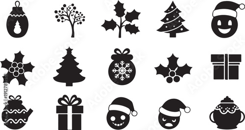 Christmas icons and symbols in black and white colors