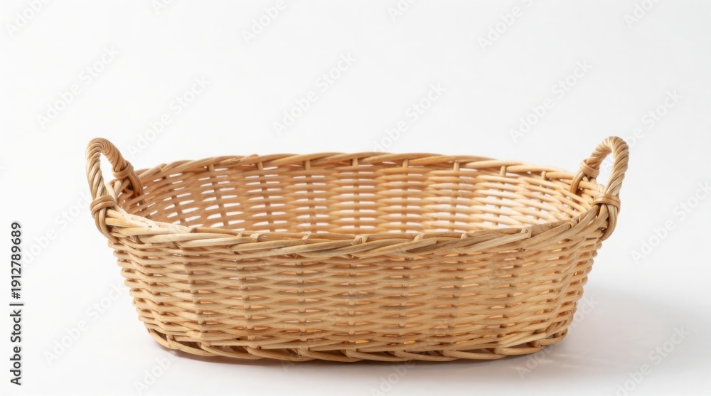 Fototapeta premium Empty Wicker Basket: Rustic Container for Storage, Display, or Decorative Purposes on White Background