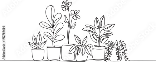 Set of continuous line drawing of house plant and flowers in pots.one line victor illustration in white Background