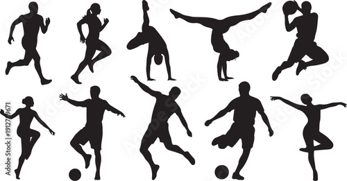 Silhouettes of soccer players in various dynamic movements action