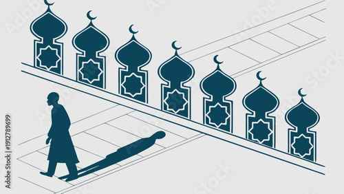 A person walking towards a row of mosque towers Vector