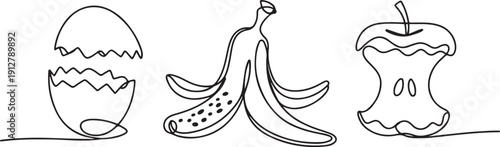 Set of organic trash one line continuous drawing. Egg shell, peel of banana, apple stub continuous one line set illustration.one line victor illustration in white Background