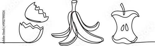 Set of organic trash one line continuous drawing. Egg shell, peel of banana, apple stub continuous one line set illustration.one line victor illustration in white Background