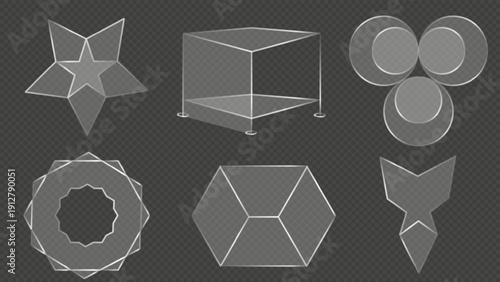 3d liquid glass ui design elements. Vector isolated glass set. Collection of transparent glass and plastic shapes on a transparent background. Realistic shiny banner frame set on transparent backdrop.