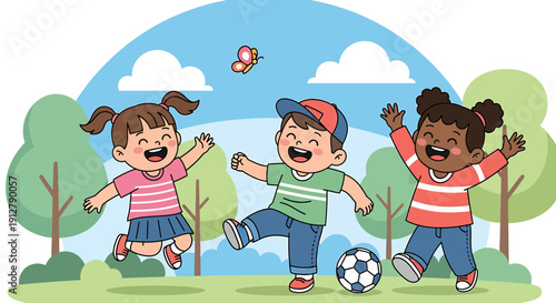 Joyful diverse kids having fun outdoors, playing with a soccer ball and chasing a butterfly in a vibrant green park on a beautiful day