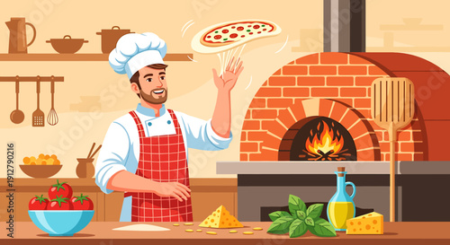 Smiling chef skillfully tosses fresh pizza dough high in a warm kitchen, preparing a delicious homemade Italian pizza for a glowing brick oven, embodying culinary passion