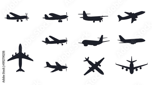 Collection of various aircraft silhouettes displayed from multiple viewpoints and angles in a grid layout