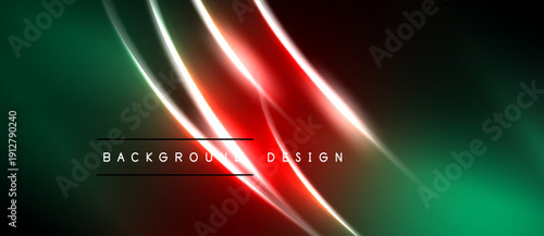 Abstract neon lines create dynamic gradient background. Red, green hues dominate dark space. Modern design element.