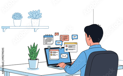 Person Working on Laptop with Floating Digital Communication Icons