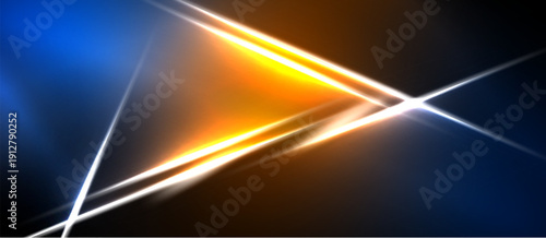 Abstract design features bright lines, orange glow, blue backdrop. Dynamic composition creates modern visual impact.
